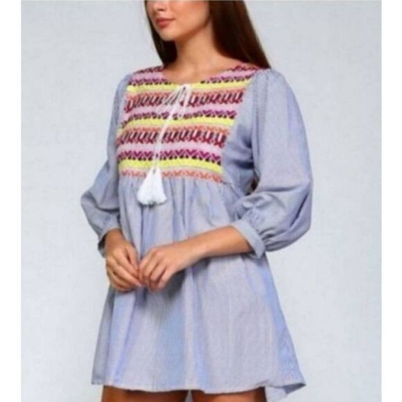 VELZERA BOHO-INSPIRED EMBROIDERED DRESS/TUNIC NWT BLUE SZ.M - Picture 2 of 5